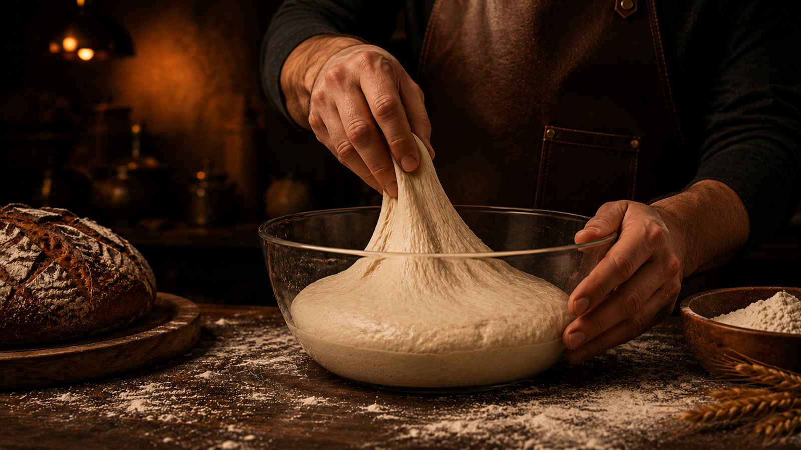 Baker checking dough temperature with a thermometer